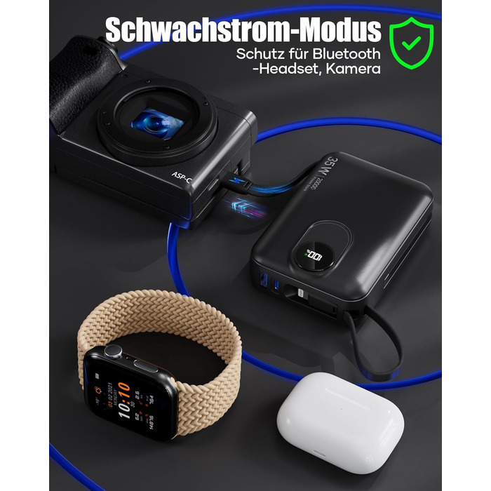 Power Bank 20000mAh з інтегрованим кабелем: швидка зарядка 22.5W, USB C (вхід та вихід), акумулятор для телефону, повербанк з 4 виходами та 2 входами, білий/чорний
