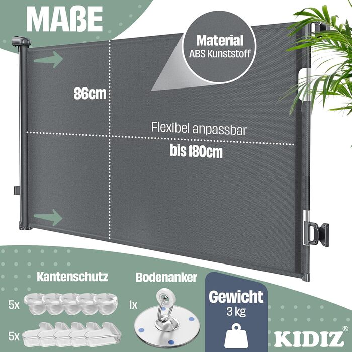 Захист для сходів KIDIZ®: розтяжний захист для дітей та домашніх тварин, 0-180 см, антрацит