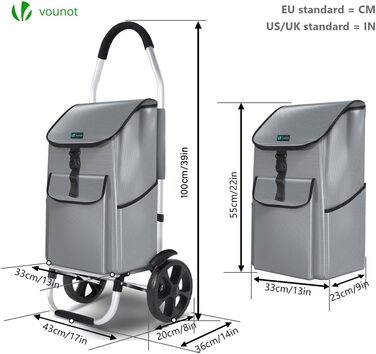 Складаний алюмінієвий візок VOUNOT для покупок, 45 л, водонепроникна сумка, 2 великі колеса з бризковиками, візок для сходів, сірий
