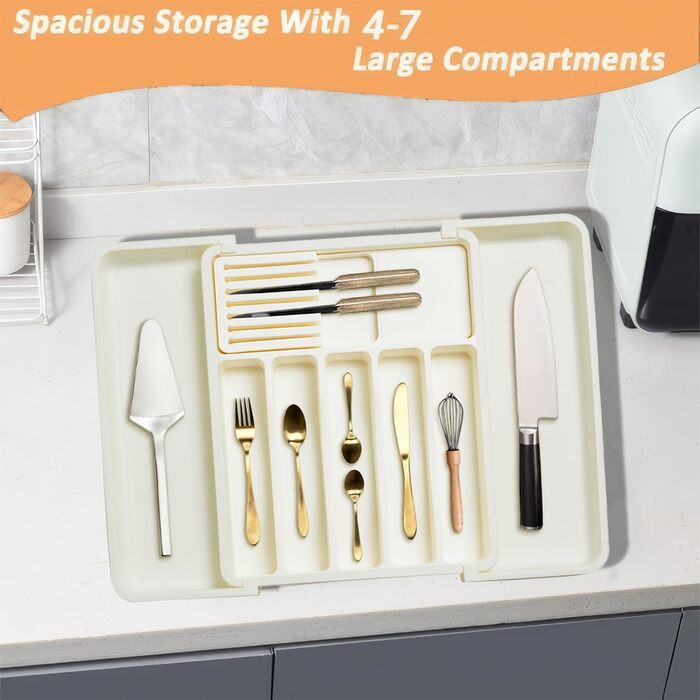 Органайзер для столових приборів ZHUlYIWIN в шухляду, розсувний, з тримачами для ножів, білий пластик