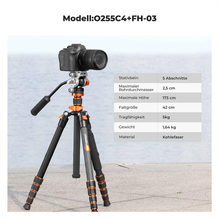 Штатив K&F Concept T254A7+BH-28L для камери: професійний, 230 см, з рідинною головкою