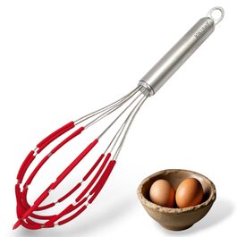 Силіконовий вінчик для збивання з лопатками, нержавіюча сталь 18/10, антипригарне покриття, безпечний для сковород, ергономічна ручка, ідеально підходить для змішування, збивання та перемішування, 27.9 см, червоний