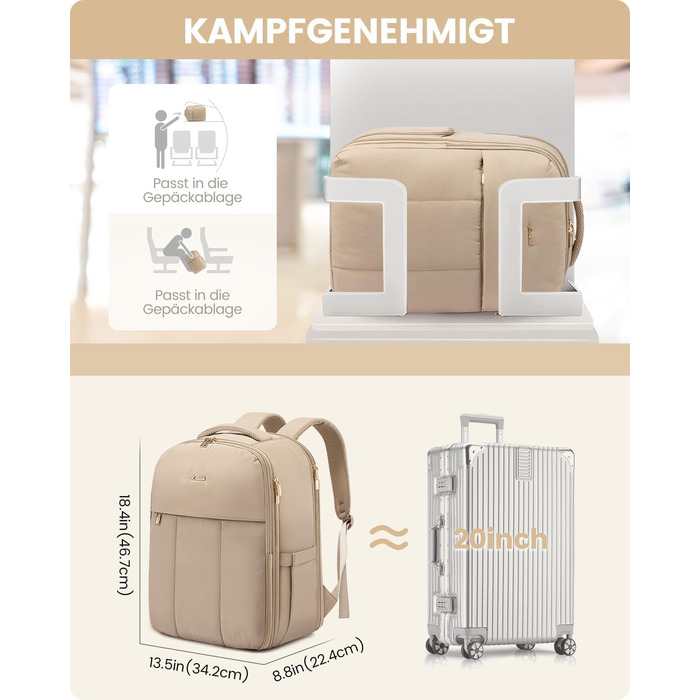 Рюкзак LOVEVOOK для жінок, 40L, ручна поклажа, для подорожей, з відділенням для взуття та ноутбука 17 дюймів, водонепроникний, для бізнес-поїздок та відпочинку, бежевий