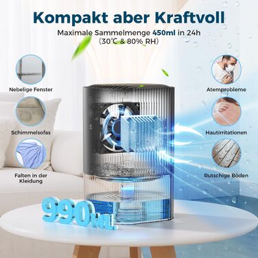 Електричний осушувач повітря AROEVE 990мл з 7-кольоровим підсвічуванням, автоматичним вимкненням та захистом від пролиття - для дому, шафи, ванної кімнати та кухні