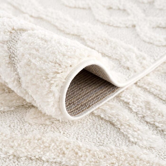 Килим для вітальні та спальні 120x170 см, кремовий, з високим ворсом, візерунок ромбі, 3D-ефект, стиль бохо/сканді