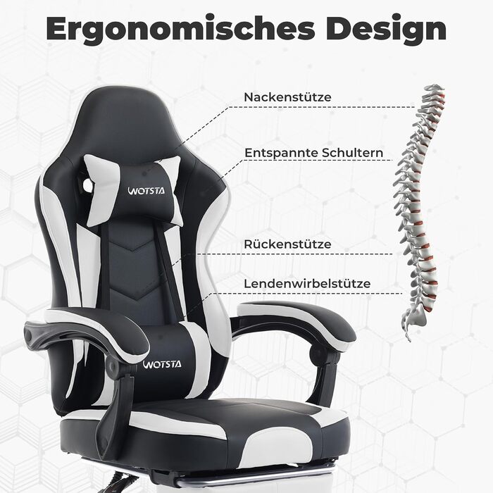 Геймерське крісло Ergonoma з підставкою для ніг, чорно-біле - Офісне крісло з підтримкою попереку
