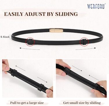 Жіночий шкіряний ремінь WERFORU: тонкий, регульований, з декоративною золотою пряжкою. Довжина 105 см, підходить для розміру талії до 93 см.