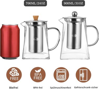 Скляний чайник CNGLASS з ситечком зі сталі, 900 мл, термостійкий заварник для листового та розквітного чаю