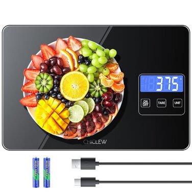 Електронна кухонна вага CHICLEW 15 кг з LCD дисплеєм, 5 одиниць вимірювання, скло, чорний