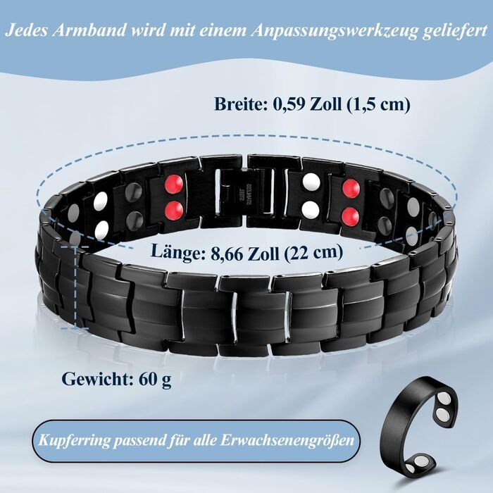 Браслет магнітний чоловічий Vicmag з титанової сталі, подвійна лінія магнітів, регульований, з інструментом та подарунковою коробкою (Чорний, 4 елементи)