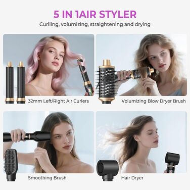 Pro Airstyler 5 в 1: Фен-щітка з іонізацією та насадкою для локонів 30 мм | 1000W, для об'єму, сушіння, випрямлення та локонів (Чорний)