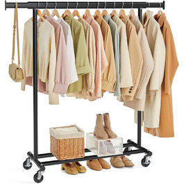 SONGMICS Clothes Rack with Wheels, Heavy-Duty Garment Rack, Extendable Clothes Rod, Load Capacity up to 100 kg, Easy Assembly, Portable, Black HSR13BKV1