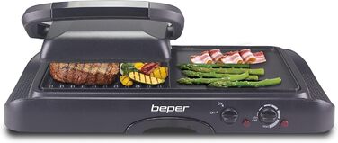 BEPER Electric Grill with Glass Lid - Non-Stick Coated Plate, Stainless Steel, 1600W