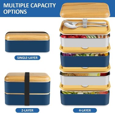 HOLIPOT Ланчбокс Bento Box з роздільниками, 2 рівні, з нержавіючої сталі та PP, з ложкою та виделкою, сумка, для дітей та дорослих, блакитний