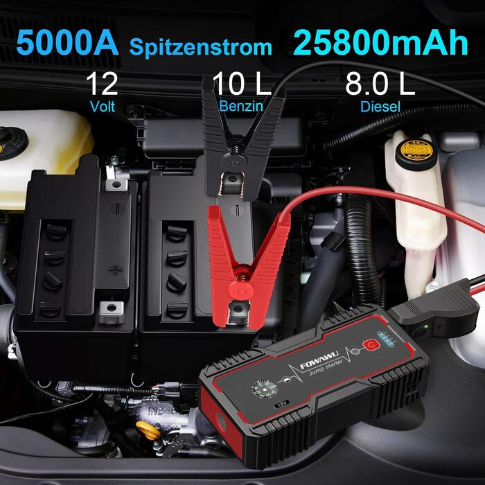 Бустерний пускач автомобіля FOWAWU 2500A 22800mAh для бензинових двигунів до 8л та дизельних до 6.5л, портативний Jump Starter