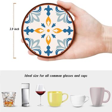 Drink Coasters 6-Piece Set, Geometric Tribal Boho Blue Red Absorbent Round Ceramic Stone Mat with Cork Bottom and Metal Holder, Housewarming Gift Bar Decor (Talavera Tile)