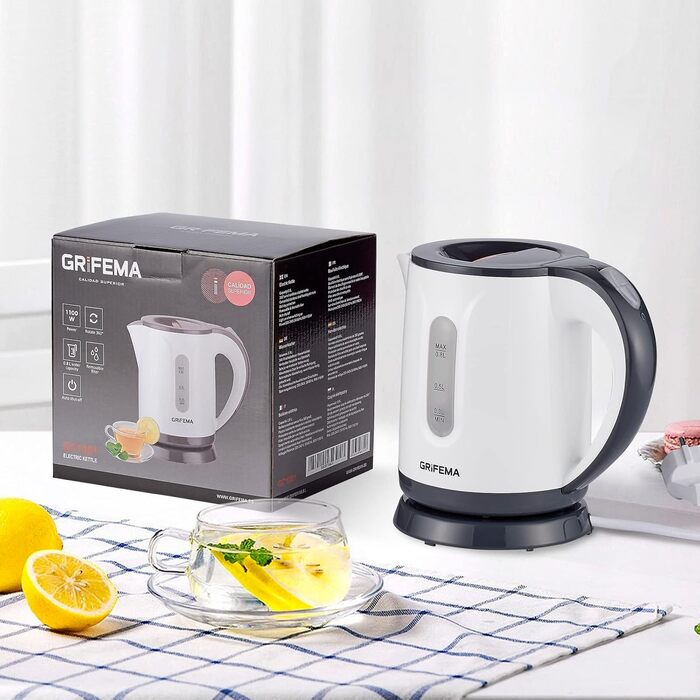 Електричний чайник GRIFEMA 0.8L, 1100W з фільтром від накипу, без BPA, автоматичне вимкнення, захист від перегріву, білий пластик