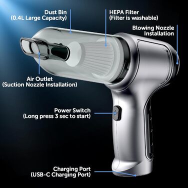 Портативний бездротовий ручний пилосос Brovamo з акумулятором, 12000Pa, для дому, авто, кухні, офісу, видалення шерсті тварин