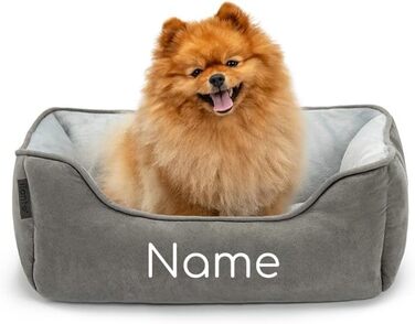 Ліжко для собак Lionto 2-в-1 з комфортним входом, м'яке домашнє ліжко для тварин, яке можна перевернути, для собак та котів, 80x60 см, подушка для собак з легкою у догляді імітацією замші, сіра (Д 60 x Ш 50 x В 22 см (з нанесенням імені), Темно-сірий/Світ
