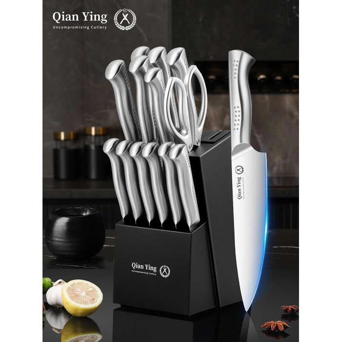 Набір кухонних ножів Qianying з блоком: 14 предметів. Набір ножів з підставкою, точилка, срібний колір. Кухонні ножі, подарунок для мами. Преміум якість.
