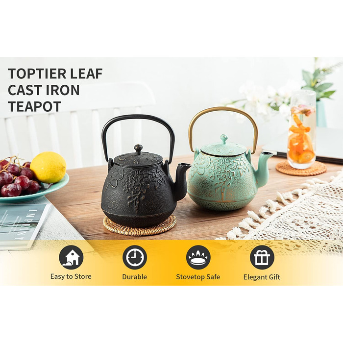 Чайник для плити преміум-класу, чавунний, з ситом для листового чаю, 1,5 л, чорний