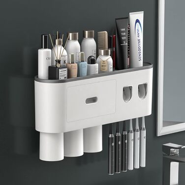 Toothpaste Dispenser Bathroom Toothbrush Holder Set, Wall-Mounted Toothbrush Holder with Double Automatic Toothpaste Dispenser, 3 Cups and Drawer for Bathroom