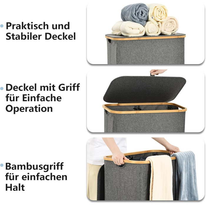 ROSOS Laundry Basket with Lid, 145L Foldable Laundry Basket with 2 Compartments and Removable Laundry Bag, Laundry Collector with Lid & Bamboo Handle, Waterproof Laundry Box with Lid, Grey