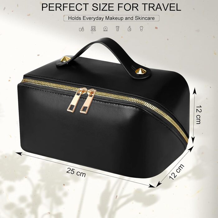 Косметичка для подорожей жіноча, велика містка, з PU шкіри, органайзер для макіяжу, культбагаж, косметичка для аксесуарів у подорожах, чорна гладка