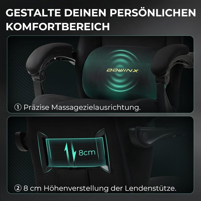 Ігровий крісло Dowinx з ергономічною підтримкою попереку, регульованою підголівником, посиленим сидінням, висувною підніжкою, регульованими підлокітниками, мікрофібровим велюром, нахилом 160°, чорне