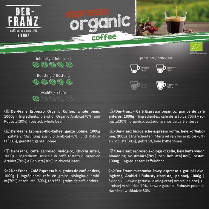 Органічна кава в зернах Der-Franz Espresso Bio, 1000 г