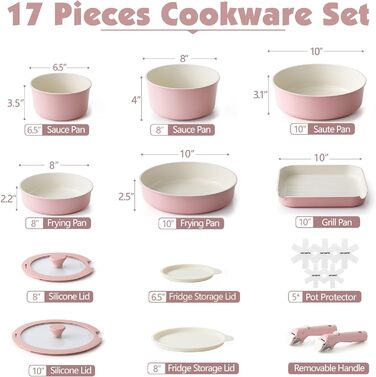 SENSARTE 17-Piece White Non-Stick Cookware Set with Detachable Handles - Induction, Dishwasher & Oven Safe, Healthy RV Cookware