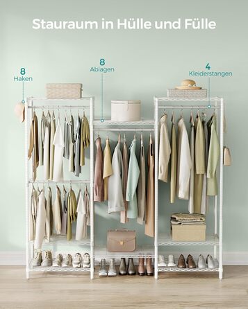 SONGMICS Clothes Rack, Open Wardrobe, Metal Coat Rack, Coat Stand with Adjustable Shelves and Clothes Rails, Hooks, High Load Capacity, Detachable, Cloud White LGR431W01