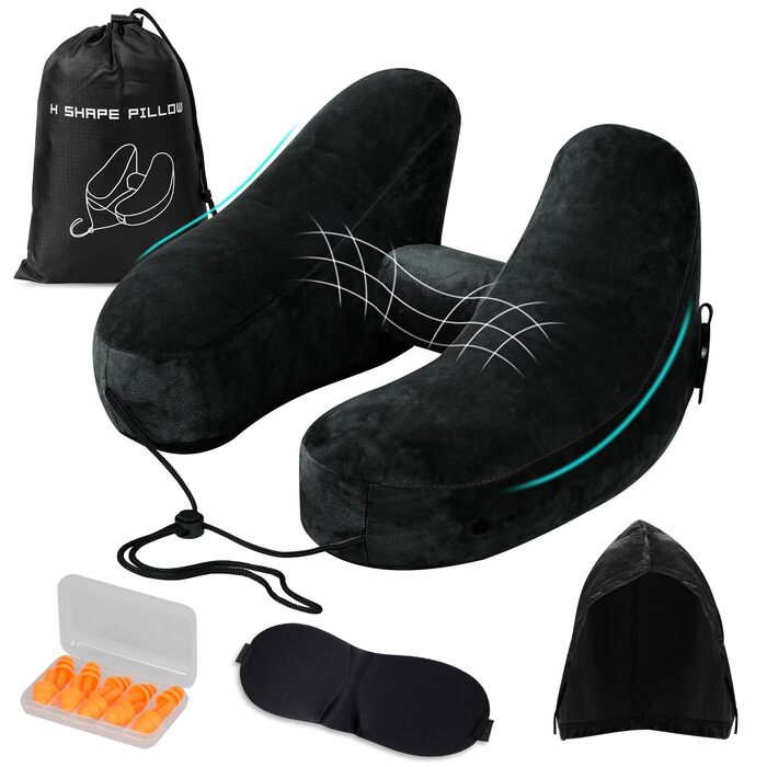 Подушка для шиї в літак, авто: надувна з капюшоном, для дорослих, Travel Pillow, чорна