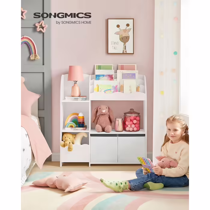SONGMICS Kids' Room Shelf, Toy Organizer, Bookshelf for Children, Multifunctional Storage Unit with 2 Storage Boxes, Space-Themed Stickers, Kids' Room, Bedroom, White GKR42WT (Cloud White)