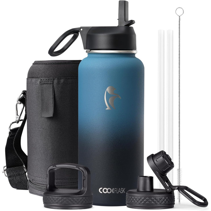 Пляшка для води Coolflask 2л з соломинкою та 3 кришками, ізольована нержавіюча сталь для спорту/офісу, подвійний захист від протікання