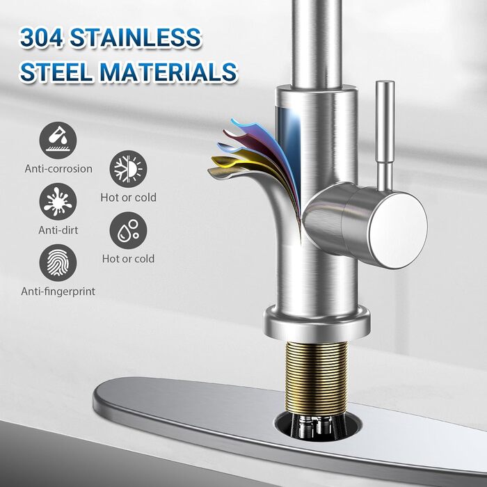 Кухонний змішувач Wasserhahn з висувною лійкою, поворотний на 360°, 2 функції, однорідний, для кухні (сріблястий)