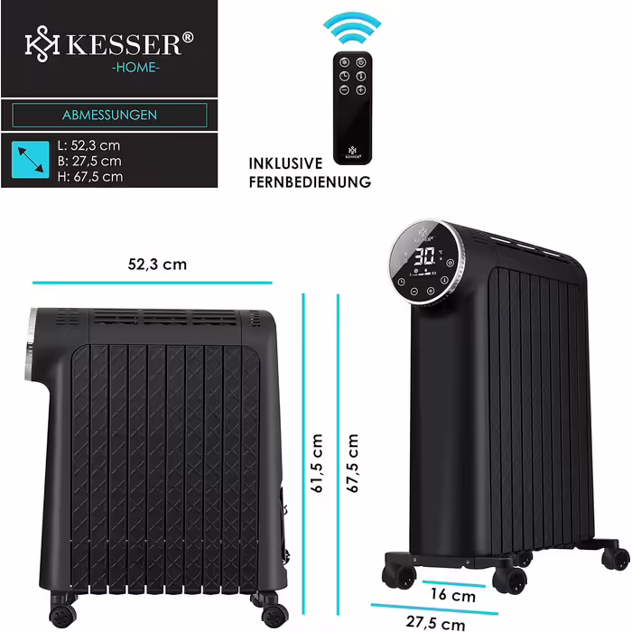 KESSER® Oil Radiator 2500W Electric Heater Radiator Electric Heater Energy-Saving with Display WiFi App & Remote Control Touchscreen - Mobile Oil Radiator 24h Timer, Thermostat & Overheat Protection Black
