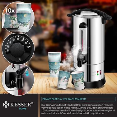 KESSER® 10L Stainless Steel Mulled Wine Warmer. Includes 10 Cups. Mulled Wine Cooker with Thermostat, Mulled Wine Dispenser, Hot Beverage Dispenser, Kettle, Hot Water Dispenser, Canning Device, Level Indicator, Tap.