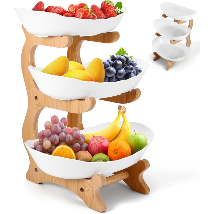 DEECOZY Трирівнева підставка для фруктів та овочів з бамбуком, біла. Організатор для зберігання фруктів, овочів та закусок