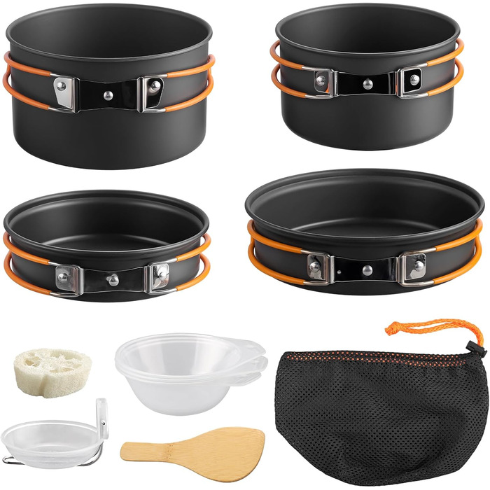 Набір посуду для кемпінгу FunyKich 17 предметів: каструлі, сковорідки, чашки, столові прибори. Підходить для 2 осіб, пікніків та походів.