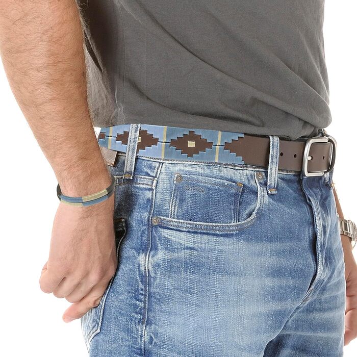 Аргентинський шкіряний ремінь з шнуром та шкіряним браслетом. Вишитий шкіряний ремінь для чоловіків та жінок. Аргентинські ремені (Синьо-бежевий-02, 105)