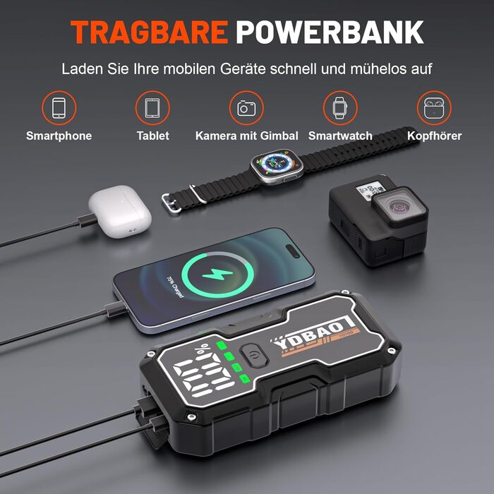 Powerbank для автомобіля 8000A, пусковий пристрій для акумулятора 12V з LED-дисплеєм та клемами, бустер для бензину/дизеля (до 10л), чорний