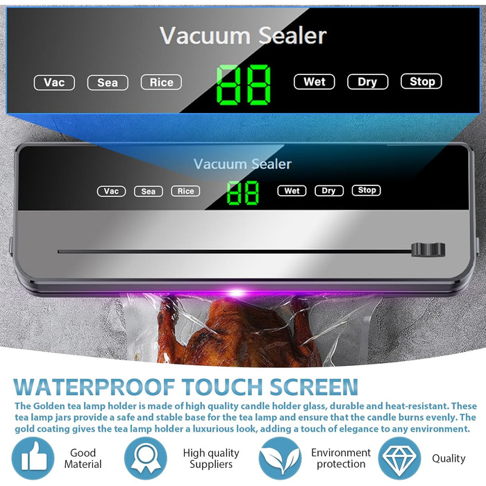 Вакуумний пакувальник харчових продуктів 5-в-1 з 10 пакетами 20x30 см, 65Kpa, знімний прилад для запаювання фольги, LED-дисплей та різак для сухих та вологих продуктів (сірий)