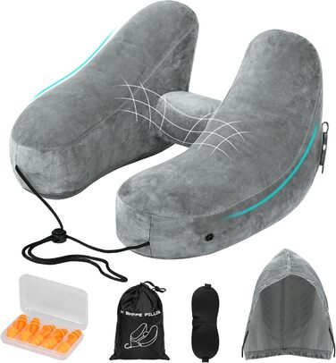 Подушка для шиї в літак надувна, подушка-літачок, подушка для дорослих з підголовником, капелюх, сумка, маска для сну, навушники для подорожей, авто, офіс (сіра)