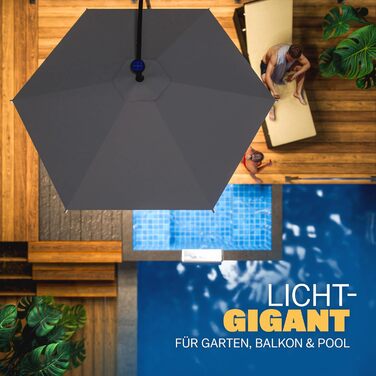 Kingsleeve® Canopy Umbrella LED Lighting UV Protection 80+ Solar Stand Protective Cover 300cm Large Crank Balcony Terrace Garden Umbrella Parasol Anthracite