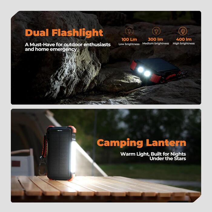 Портативний зарядний акумулятор BLAVOR Solar 20000mAh з кабелем, 20W, сонячний, USB-C, для телефонів та Apple Watch, з ліхтариком та карабіном, оранжевий