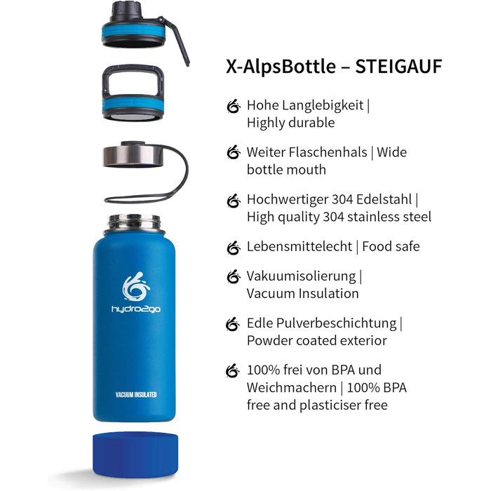 Термос-фляга Hydro2Go Edelstahl X-AlpsBottle 1000 мл, блакитний (Sky Blue 2.0) – вакуумна, з 3 кришками, не протікає