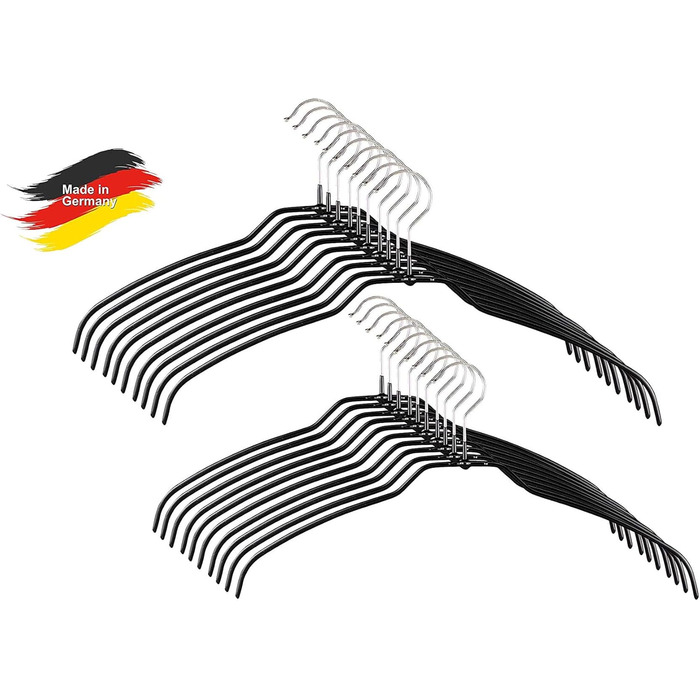 MAWA Clothes Hangers Light, Set of 20 space-saving and non-slip hangers, ideal for shirts and blouses, with 360° rotatable hook and non-slip coating, 42 cm, Black