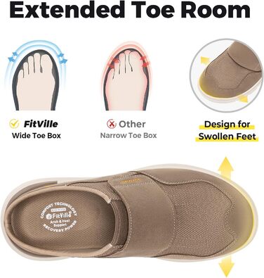 Домашні тапочки для чоловіків FitVille з широкою колодкою, з липучкою, з підтримкою склепіння стопи, розмір 41-50, пісочний колір