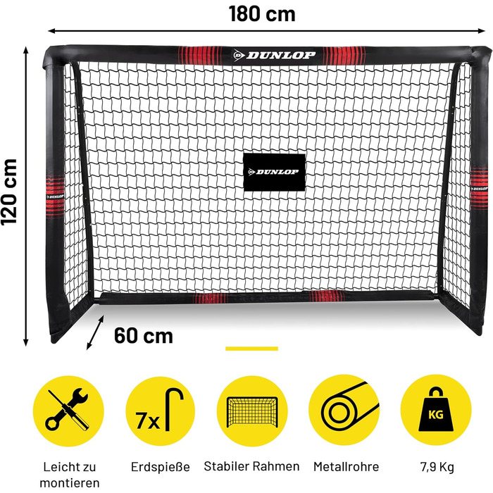 Dunlop Football Goal - Metal Soccer Goal Post - Training Accessory for All Ages - Easy Assembly - 180x120x60cm, 240x160x85cm, 120x300x200cm - Black/Red